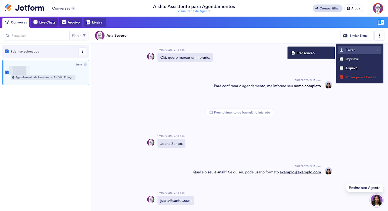 Página de conversas dos Agentes de IA
