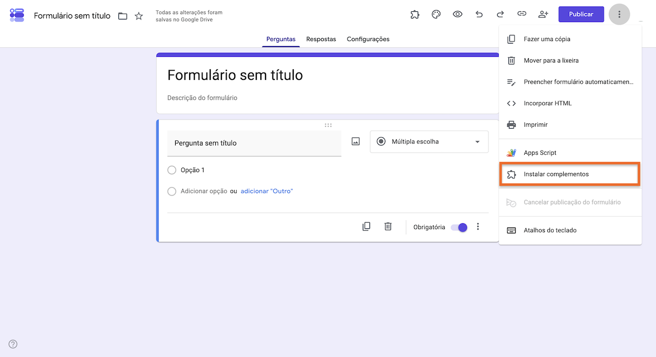 Clicando em Instalar complementos no Formulários Google