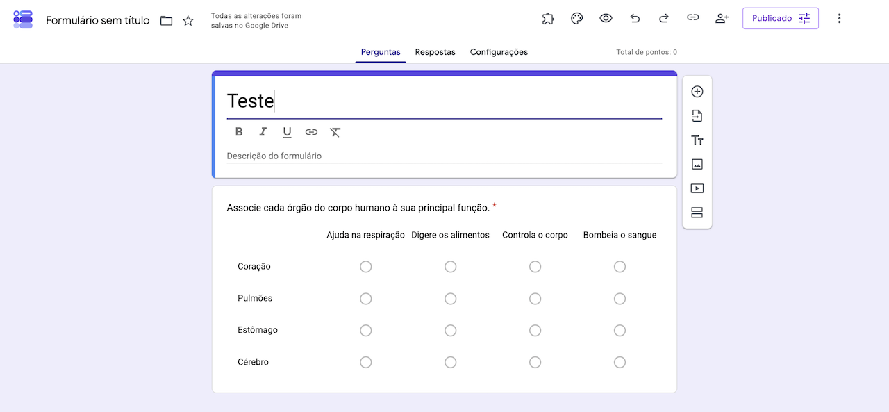 Pergunta de grade de múltipla escolha no Formulários Google