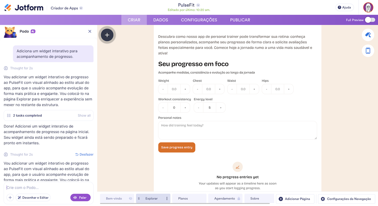 Imagem mostrando uma conversa com a IA da Jotform enquanto ela adiciona um widget dinâmico ao aplicativo
