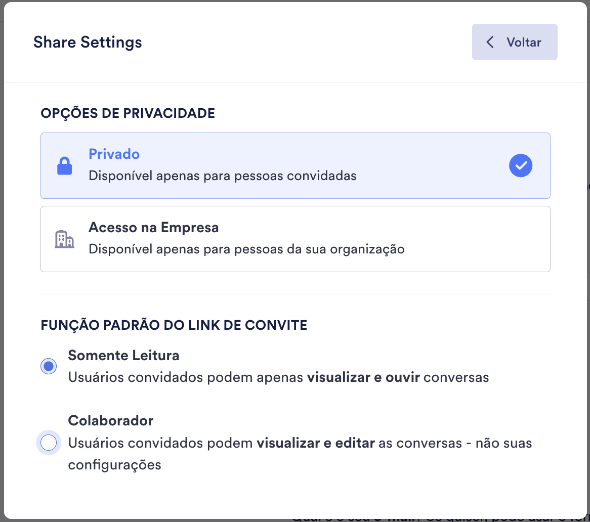 Configurações de compartilhamento de conversas