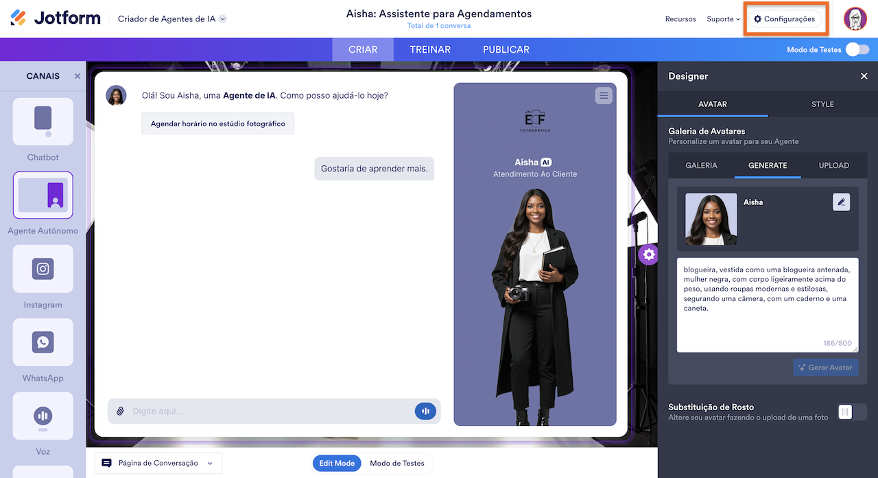 Configurações do Criador de Agentes de IA