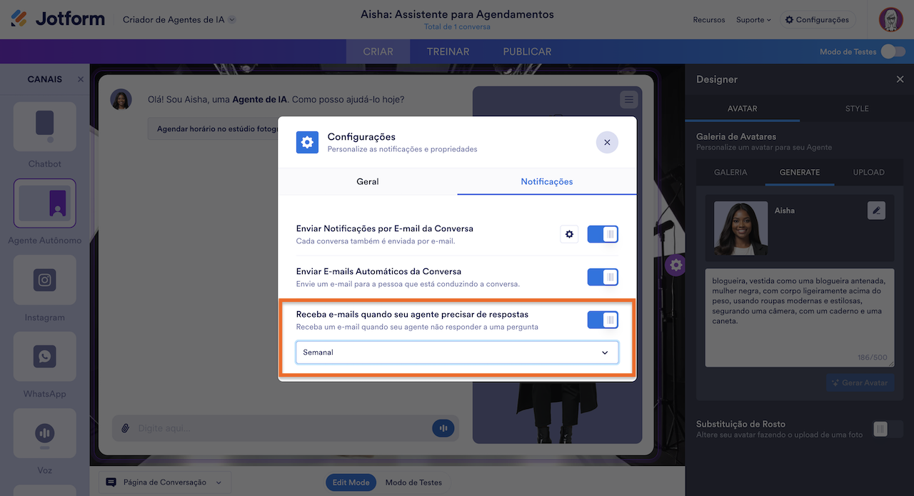 Modal de configurações do Criador de Agentes de IA
