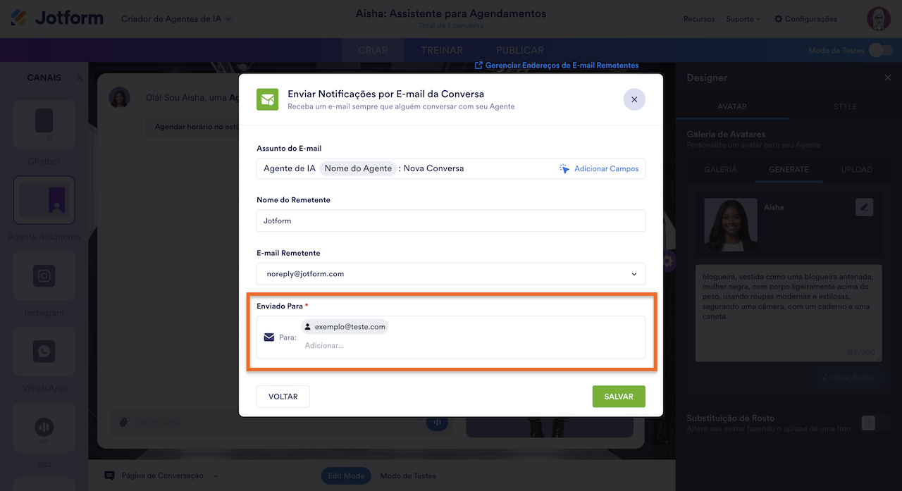 Configurações de envio de Notificações por E-mail da Conversa