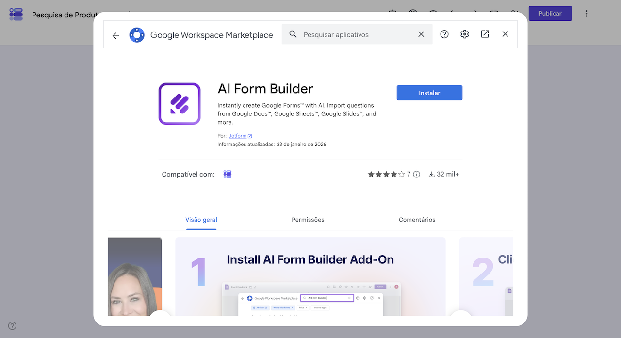 Pop-up do Google Workspace Marketplace no complemento AI Form Builder