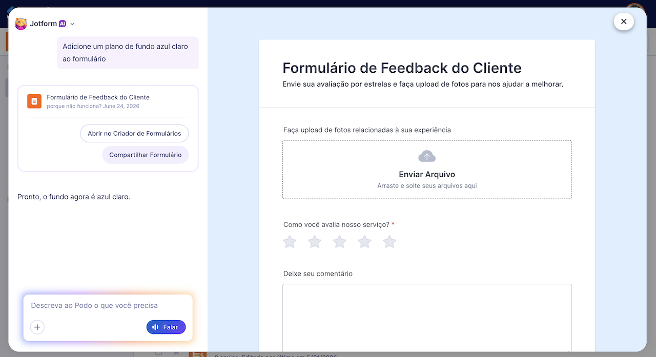 IA Jotform convertendo a cor de fundo do formulário para azul
