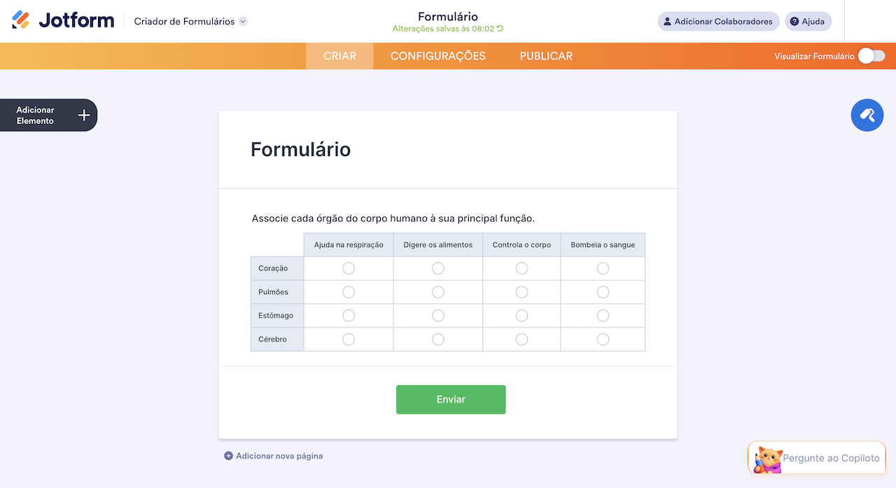 Pergunta de tabela de entrada com botões de opção no criador Jotform