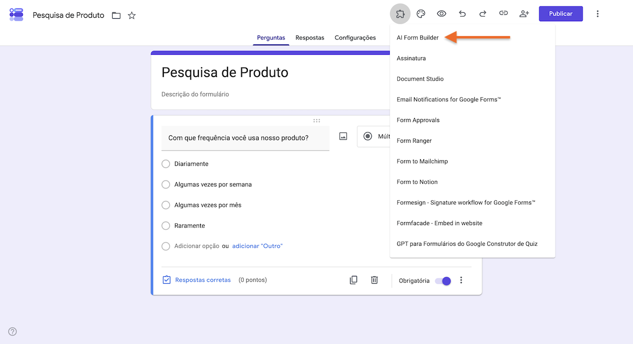 Complementos do Formulários Google selecionando AI Form Builder