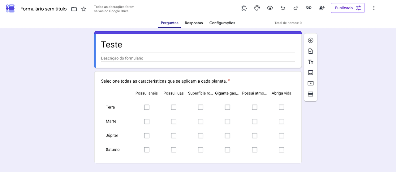 Pergunta de grade da caixa de seleção no Formulários Google