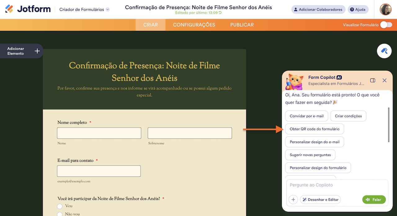 Sugestões do Copiloto para seu formulário