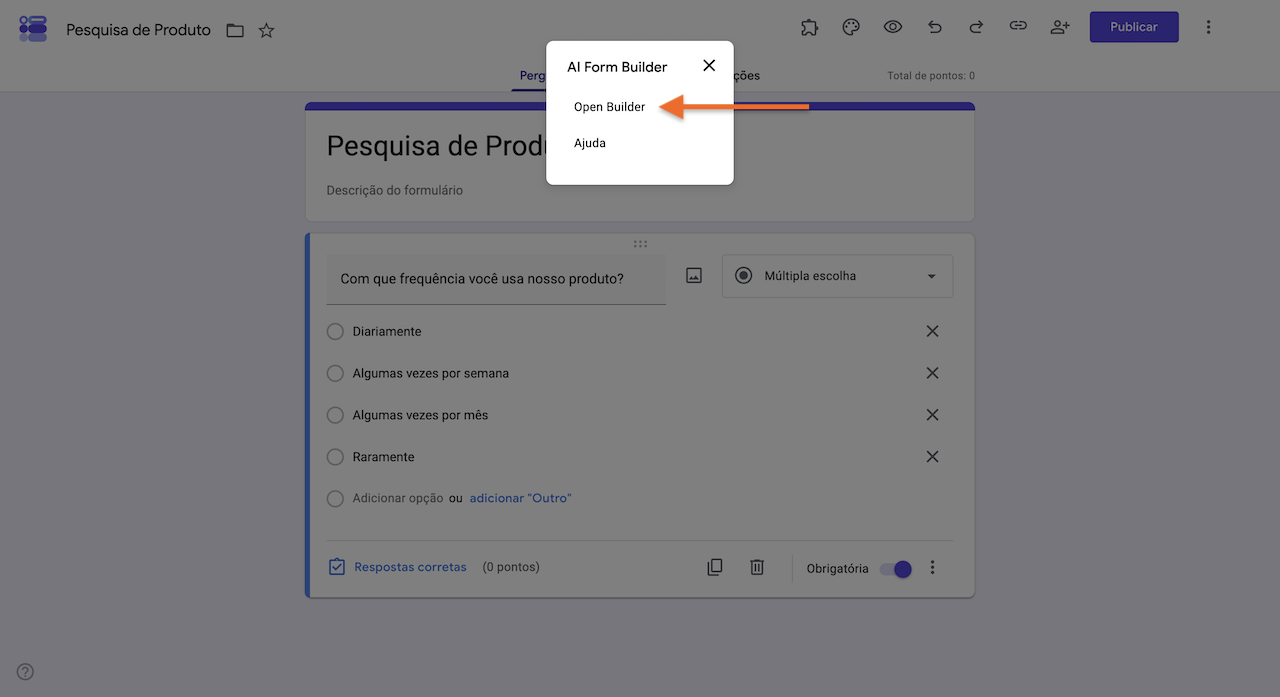 Abrindo o AI Form Builder no Formulários Google