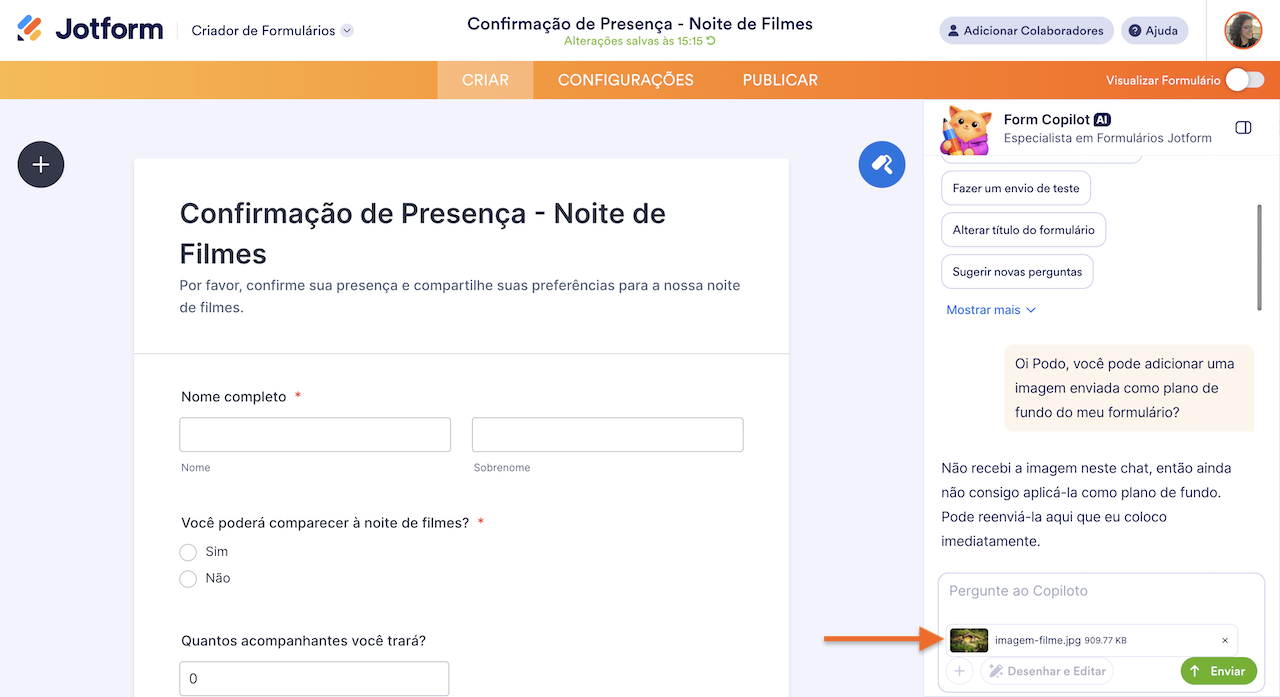 Captura de tela do Criador de Formulários Jotform com um formulário de confirmação de presença para uma noite de filmes