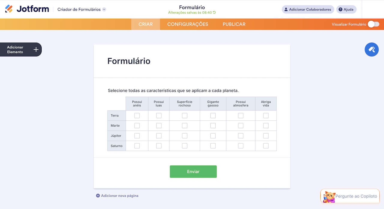Pergunta de tabela de entrada com caixas de seleção no criador Jotform