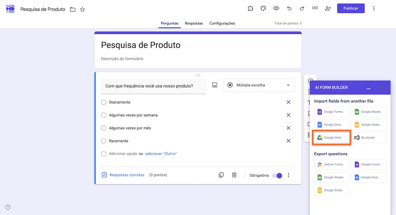 Selecionando Google Drive no complemento AI Form Builder