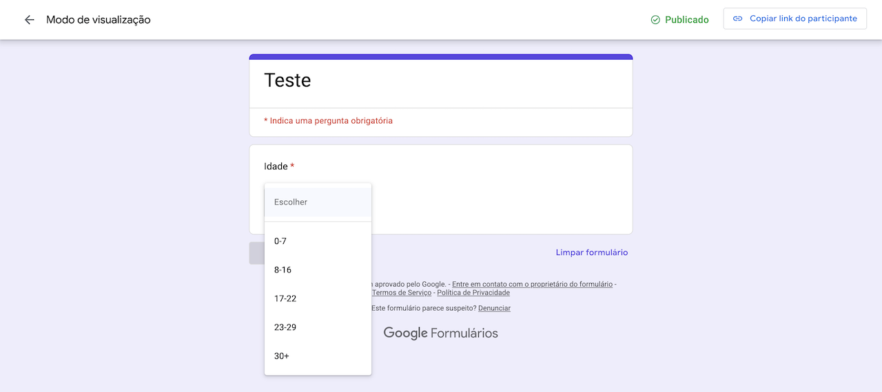 Pergunta de lista suspensa no Formulários Google
