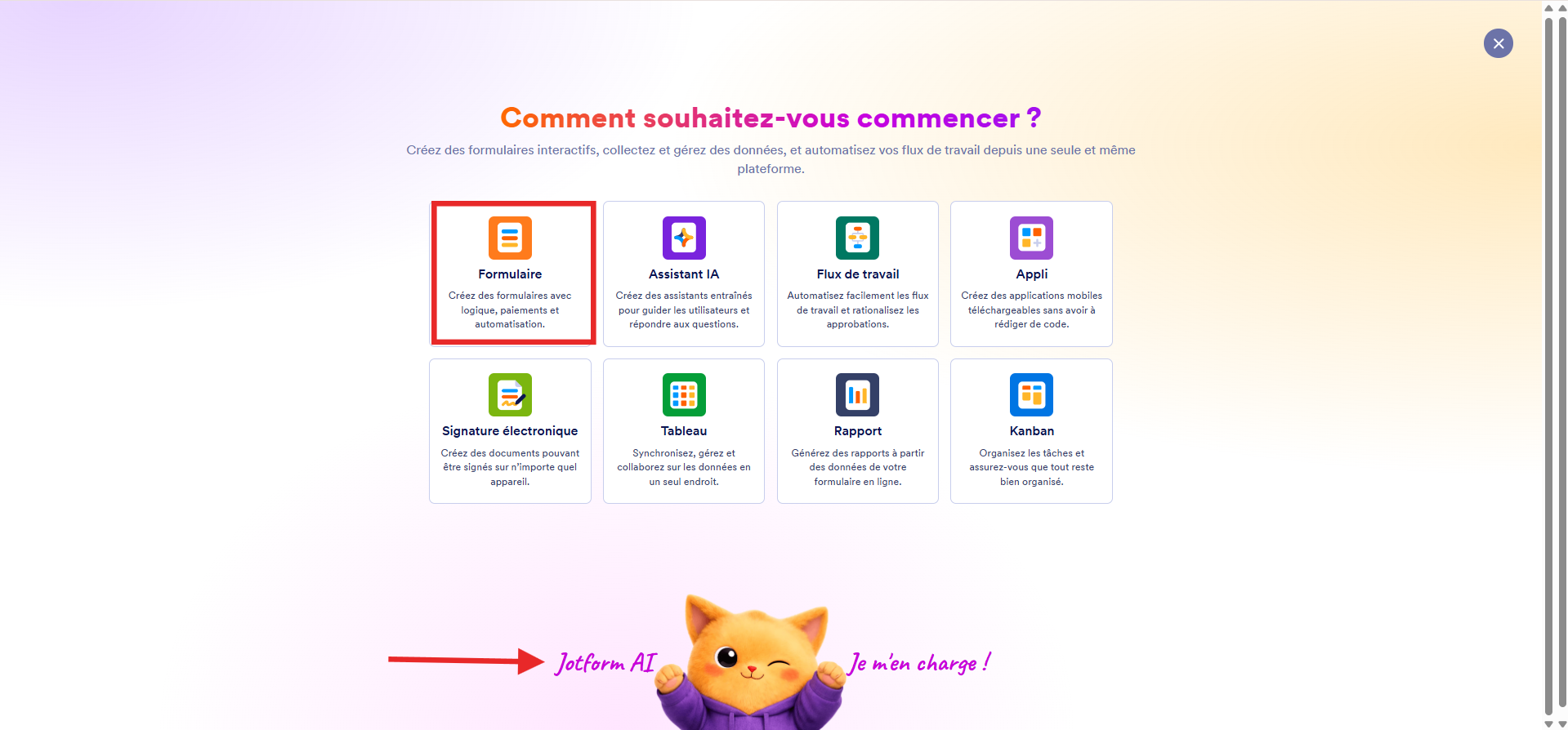 Capture d'écran de la page Comment souhaitez-vous commencer ? avec un encadré autour de l'option Formulaire et une flèche vers Podo en bas de la page