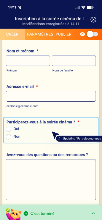 Capture d'écran du formulaire dans l'application Jotform Mobile avec le Copilote Jotform qui confirme que la modification a été appliquée, en bas de la version sur un appareil mobile