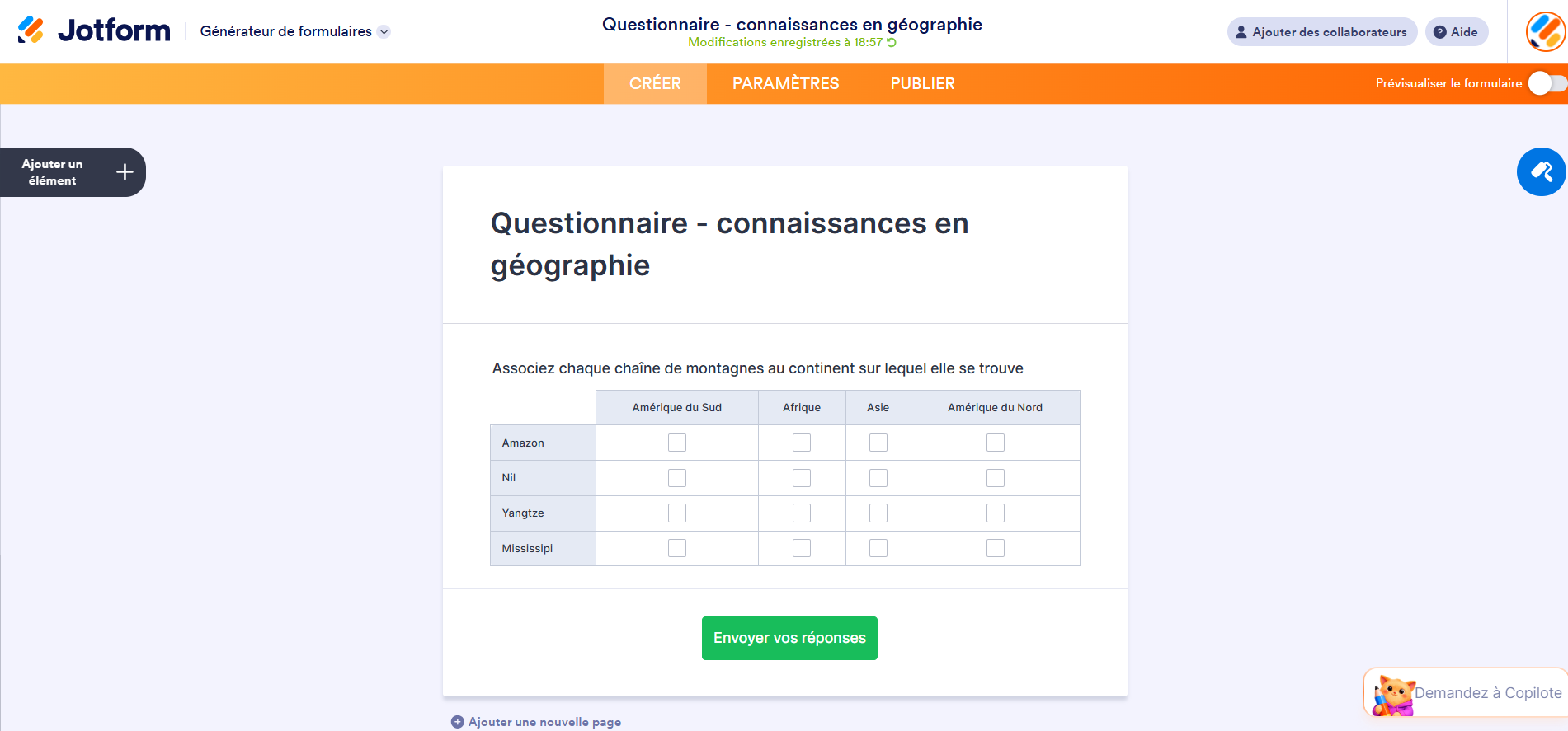 Capture d'écran d'un questionnaire de connaissances en géographie créé dans Jotform avec une question de type Grille de cases à cocher