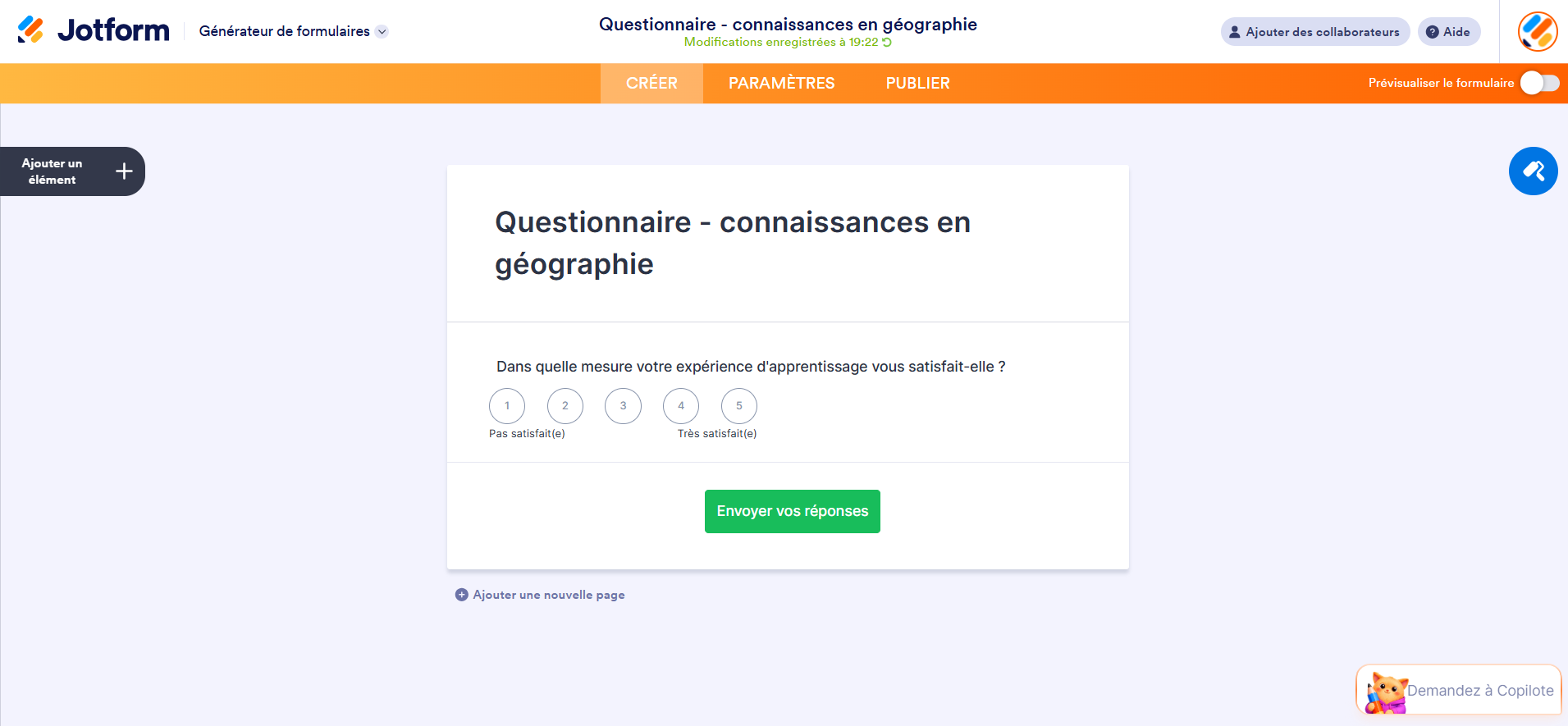 Capture d'écran d'un questionnaire de connaissance en géographie créé dans Jotform avec une question de type Échelle linéaire