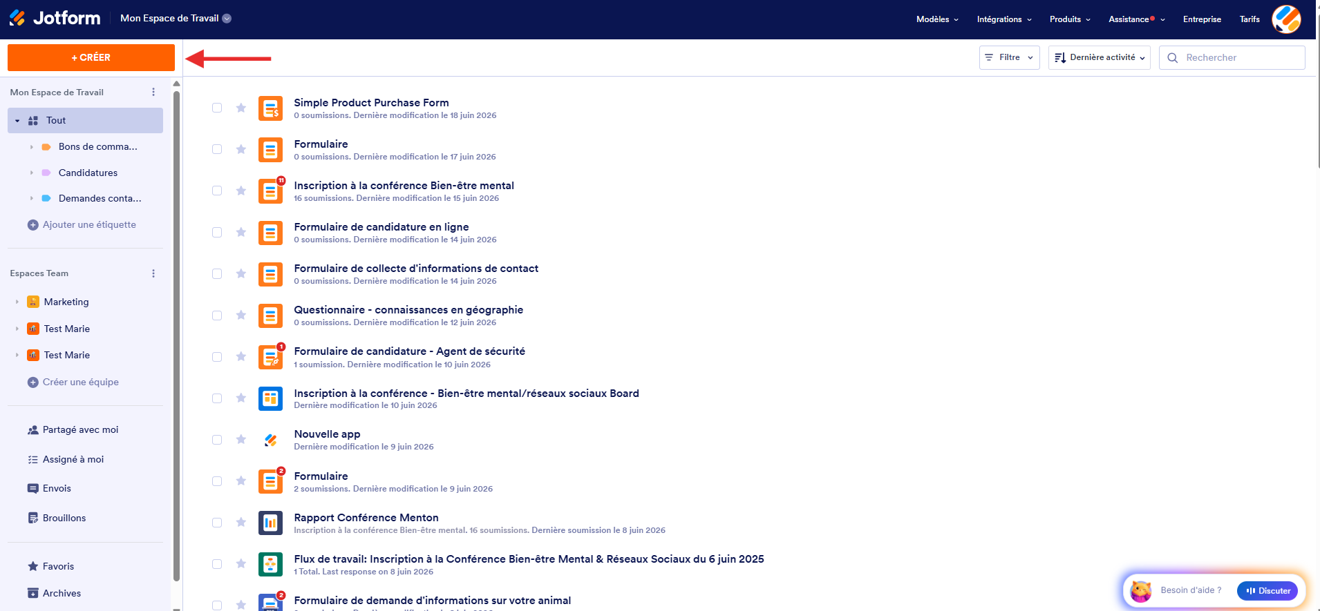 Capture d'image de la page Mon espace de travail Jotform avec une flèche pointant vers le bouton +Créer