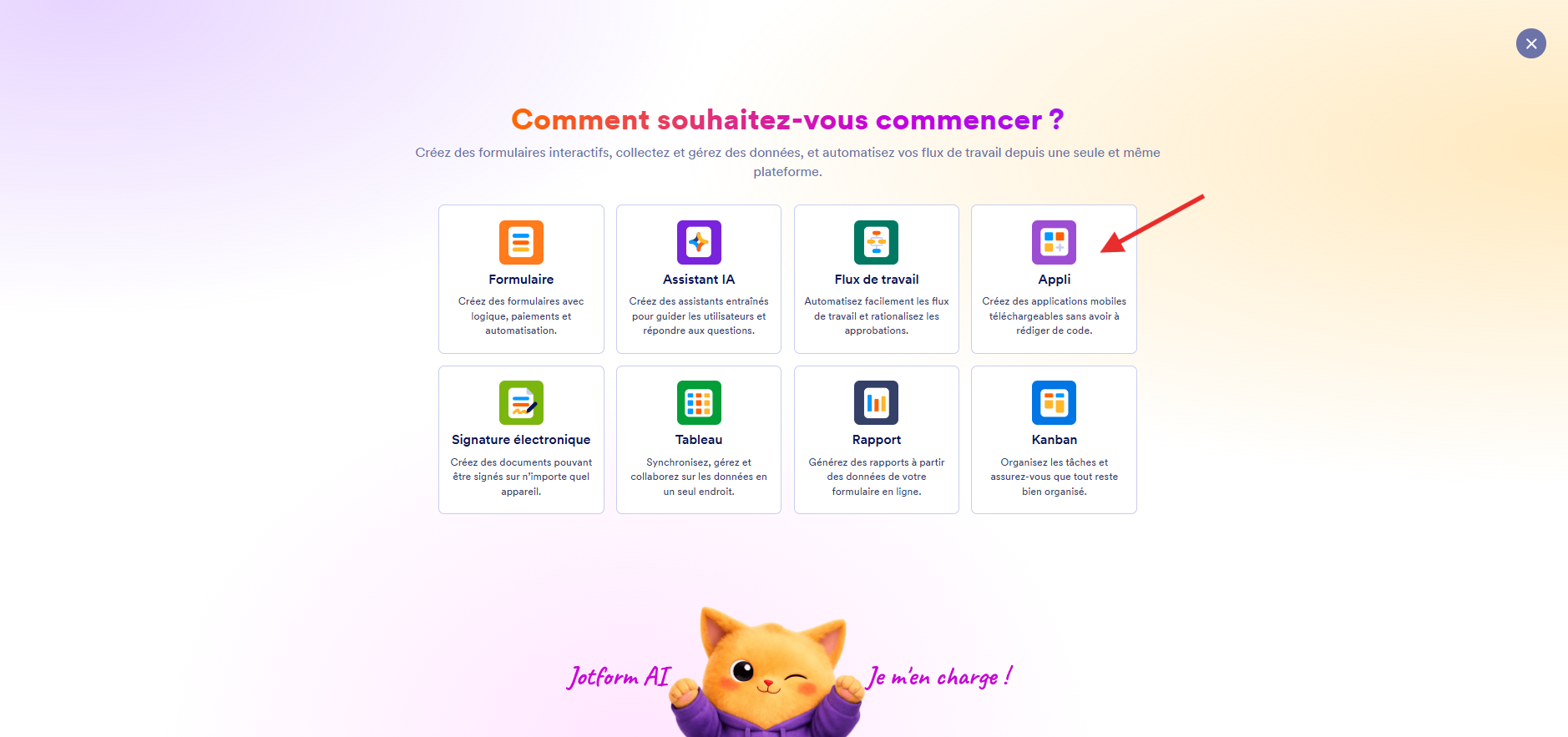 Capture d'image de la page Comment souhaitez-vous commencer ? dans Jotform avec une flèche pointant vers l'option Appli