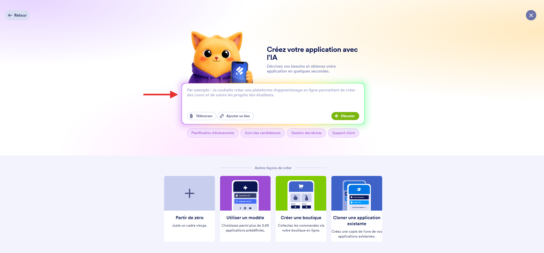 Capture d'image de la page Créez votre application avec l'IA dans Jotform avec une flèche pointant vers le champ de saisie du prompt