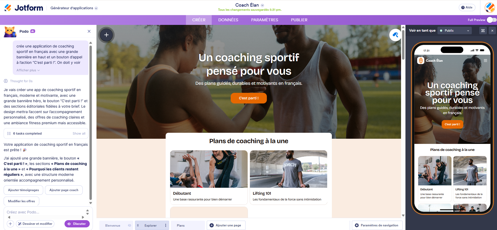 Capture d'image de l'application générée avec l'IA dans Jotform