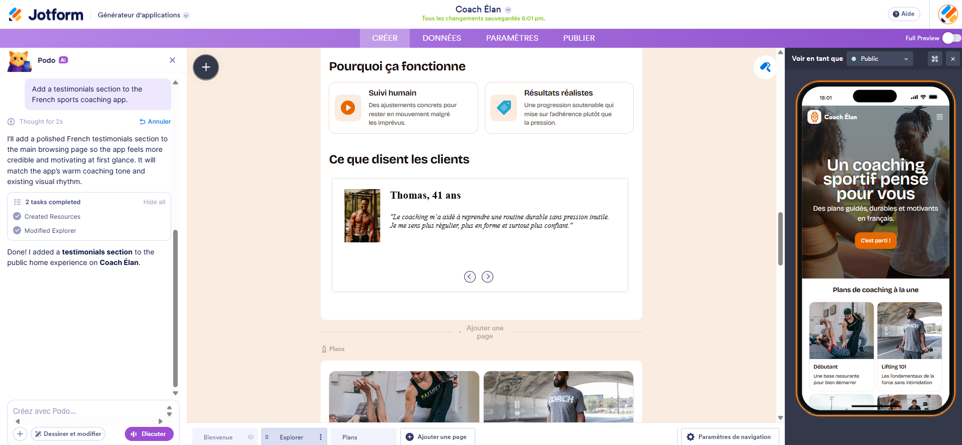 Capture d'image de l'application générée avec l'IA dans Jotform avec une section témoignages
