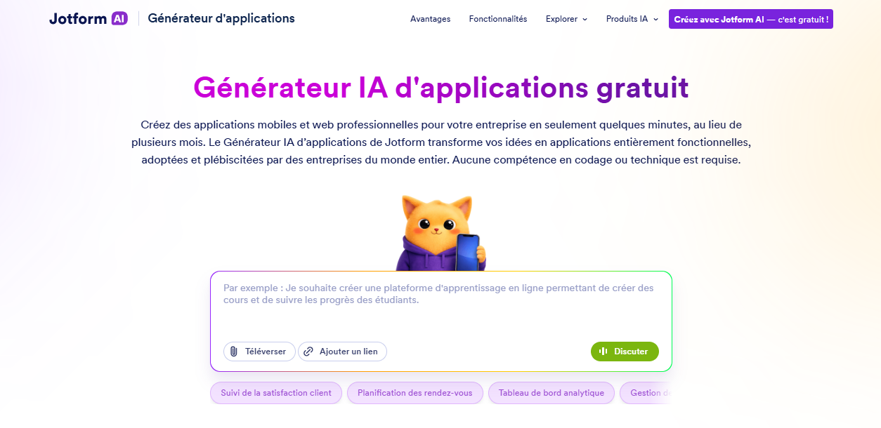 Capture d'image de la page d'accueil du site Jotform consacré au Générateur d'applications gratuit Jotform