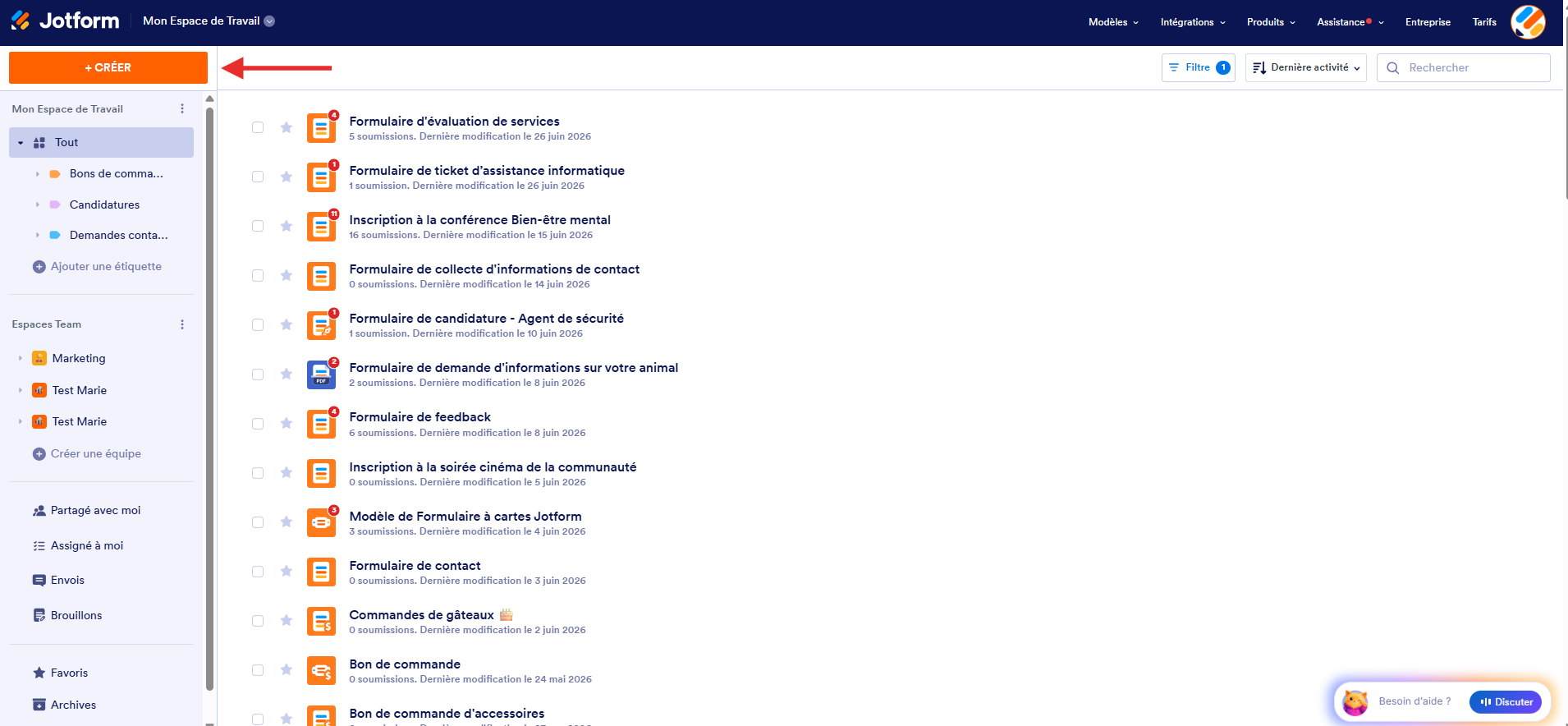 Capture d'écran de la page Mon Espace de Travail de Jotform avec une flèche pointant vers le bouton Créer