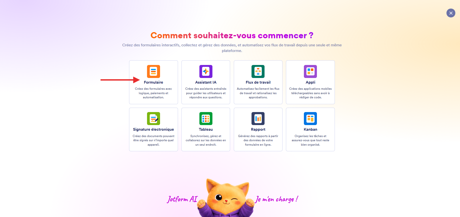 Capture d'écran de la page Comment souhaitez-vous commencer ? de Jotform avec une flèche pointant vers Formulaire