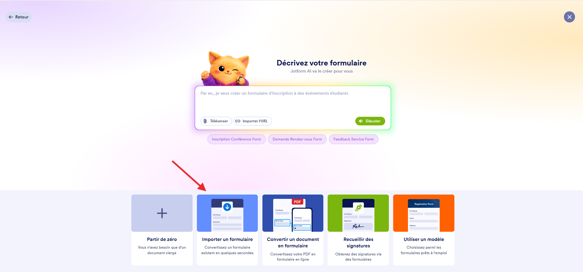 Capture d'écran de la page des options de création de formulaires de Jotform avec une flèche pointant vers Importer un formulaire