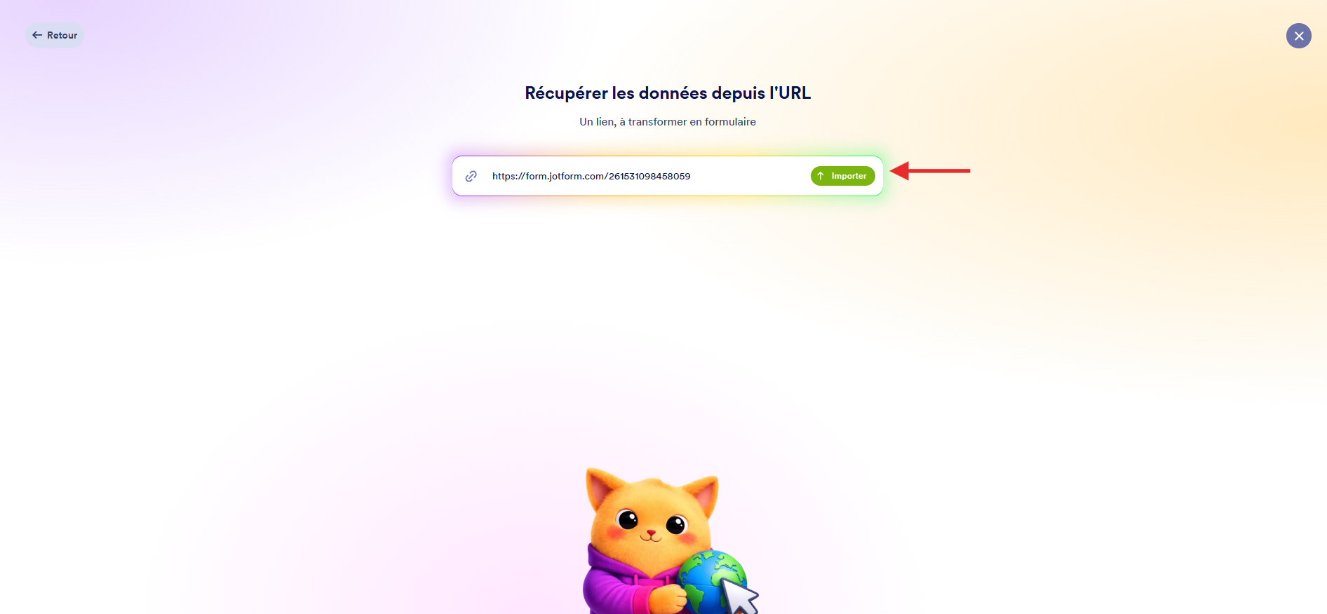 Capture d'écran de la page Récupérer les données depuis l'URL dans Jotform avec une flèche pointant vers Importer