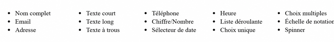 Capture d'écran d'une liste des champs pris en charge par la fonctionnalité Préremplissage dans le générateur de formulaires Jotform