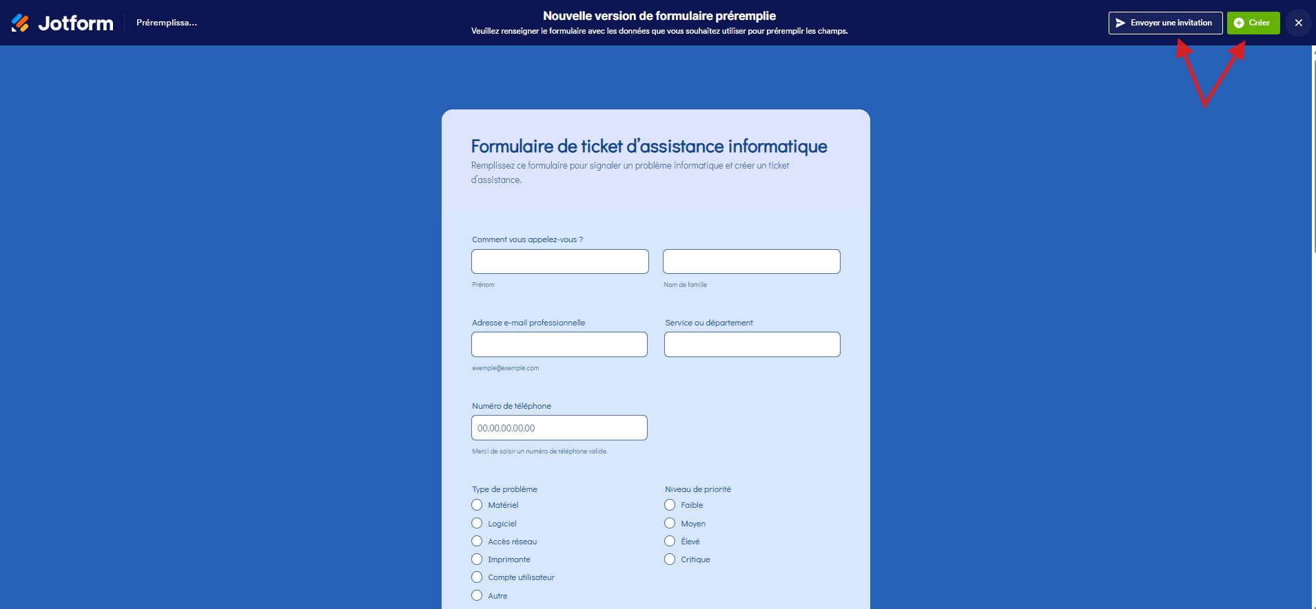Capture d'écran de la page Nouvelle version de formulaire préremplie dans le générateur de formulaires Jotform avec une flèche pointant vers Envoyer une invitation et une autre vers Créer