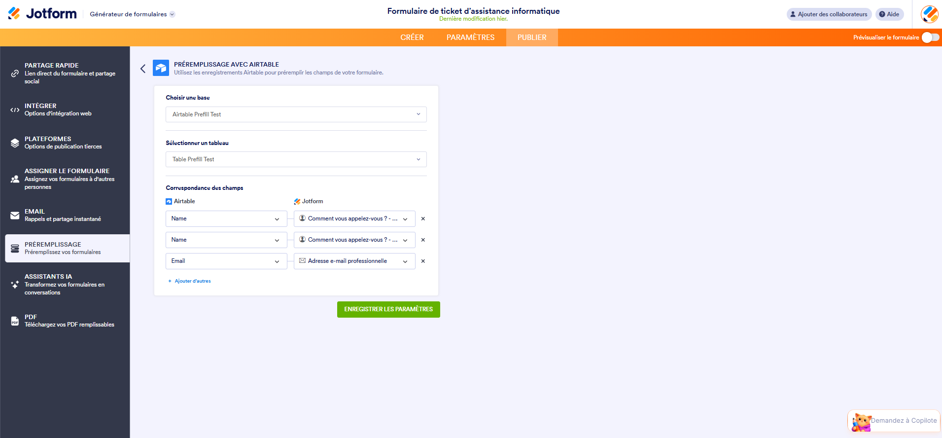 Capture d'écran de la page Préremplissage avec Airtable dans le générateur de formulaires Jotform avec une base et un tableau sélectionnés et des champs de correspondance