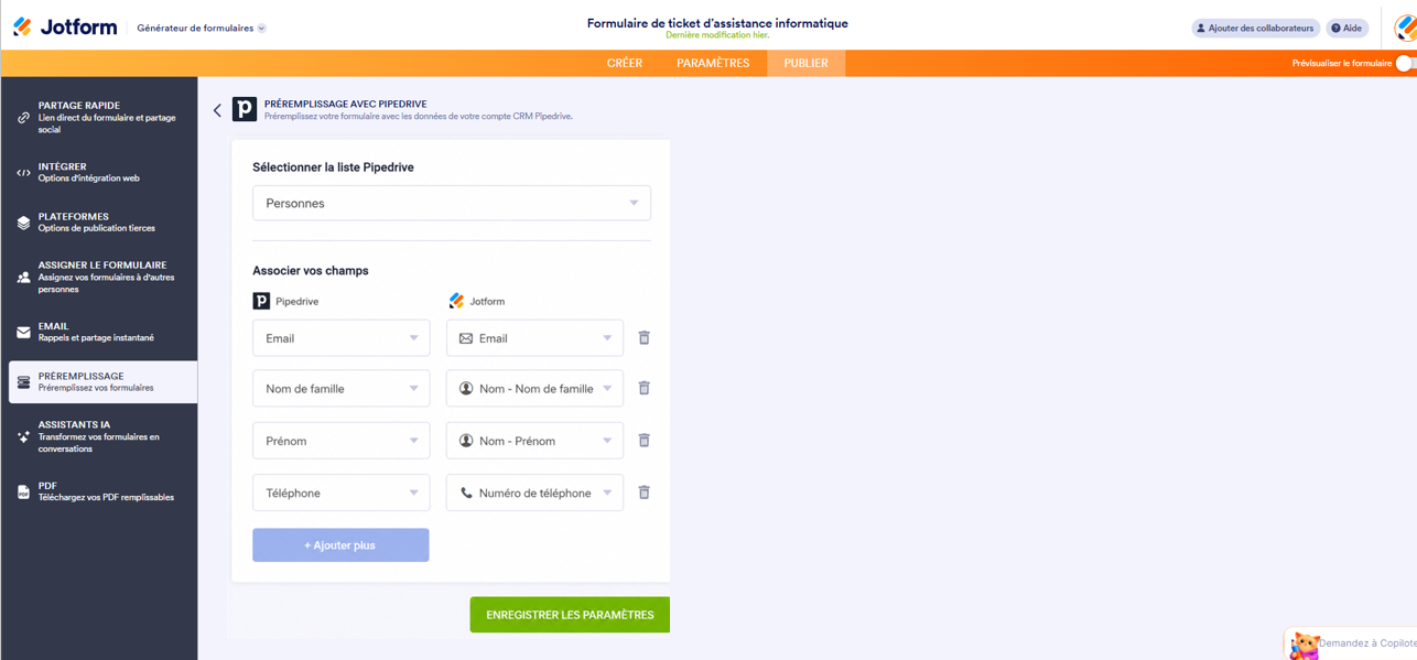 Capture d'écran de la page Préremplissage avec Pipedrive dans le générateur de formulaires Jotform avec une liste Pipedrive sélectionnée et des champs de correspondance