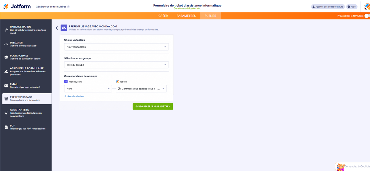 Capture d'écran de la page Préremplissage avec monday