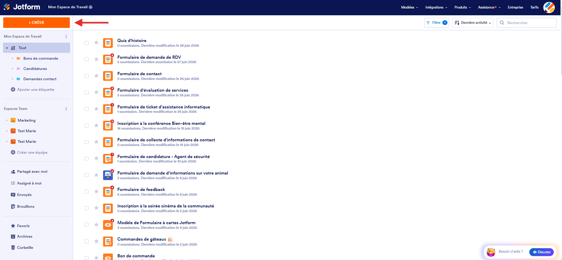 Capture d'écran de la page Mon Espace de Travail Jotform avec une flèche pointant vers le bouton Créer en haut à gauche