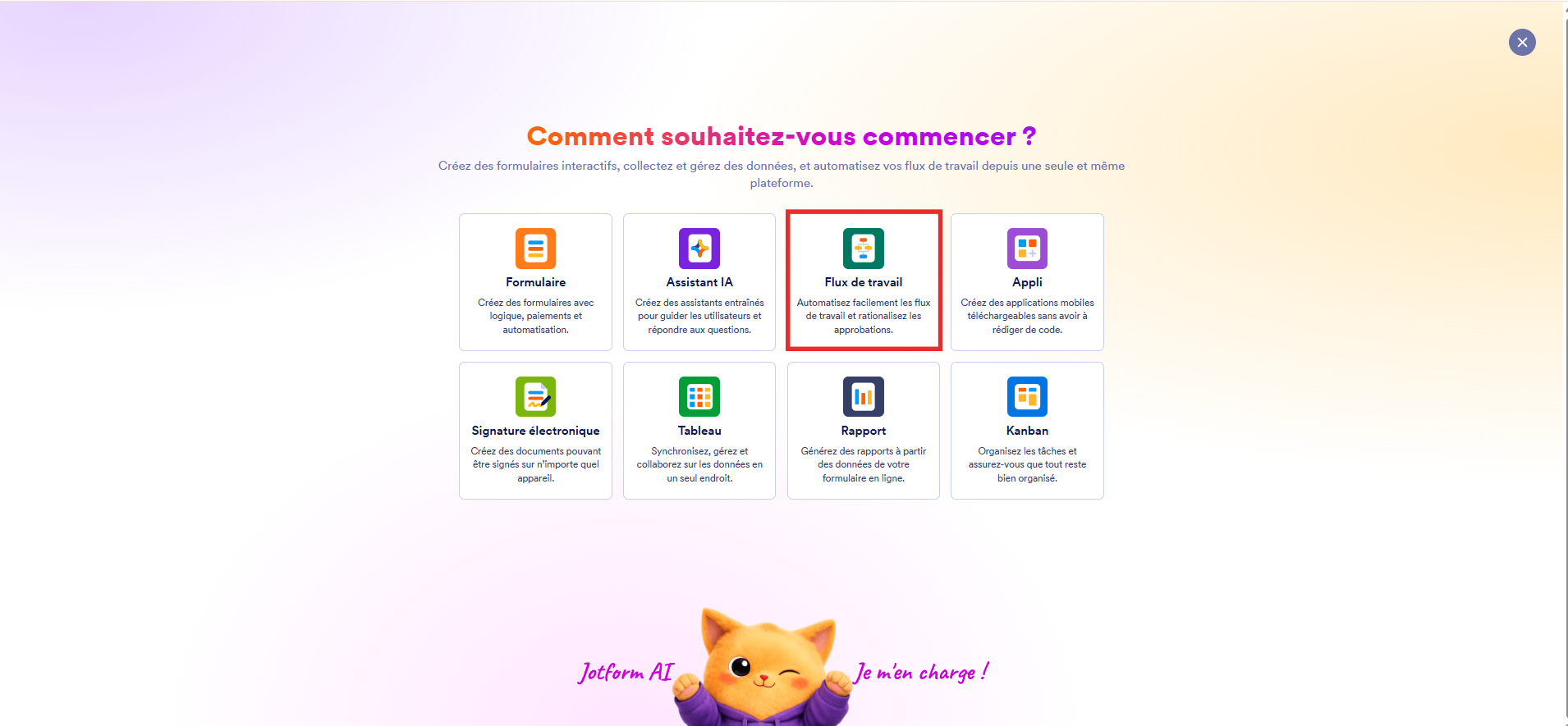 Capture d'écran de la page Comment souhaitez-vous commencer ? dans l'interface Jotform avec un encadré autour de Flux de travail