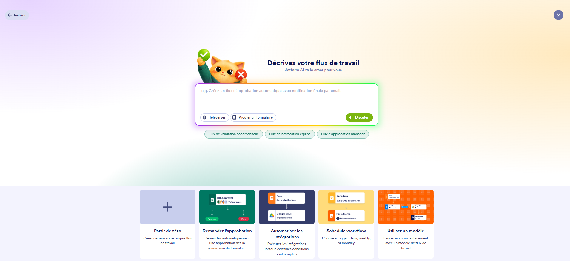 Capture d'écran de la page des options pour créer un flux de travail avec Jotform