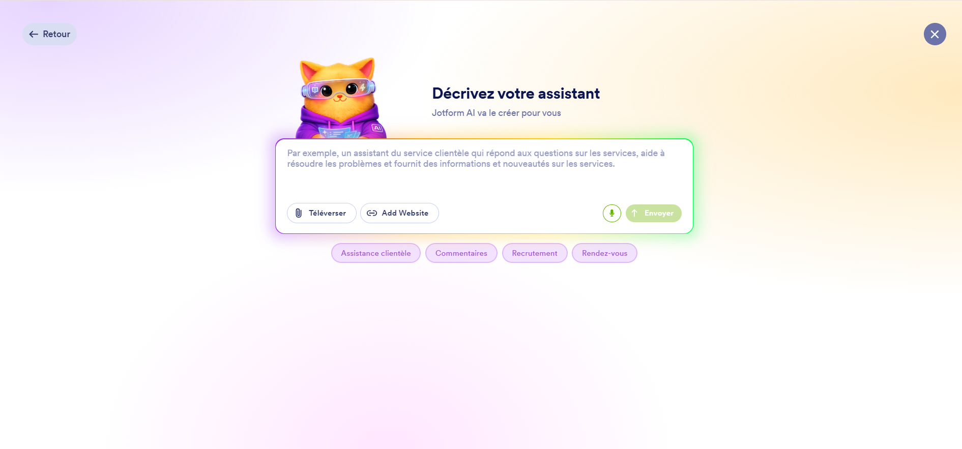 Capture d'écran de la page Décrivez votre assistant dans Jotform avec un champ pour saisir un prompt