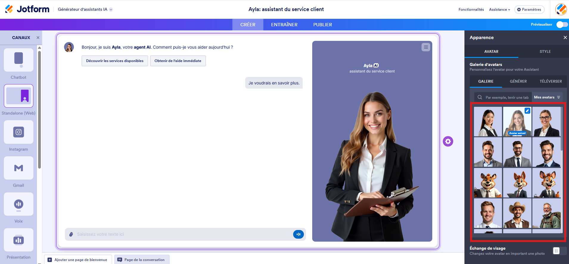 Capture d'écran du générateur d'assistants IA Jotform avec un encadré autour des avatars dans la galerie d'avatars du volet Apparence