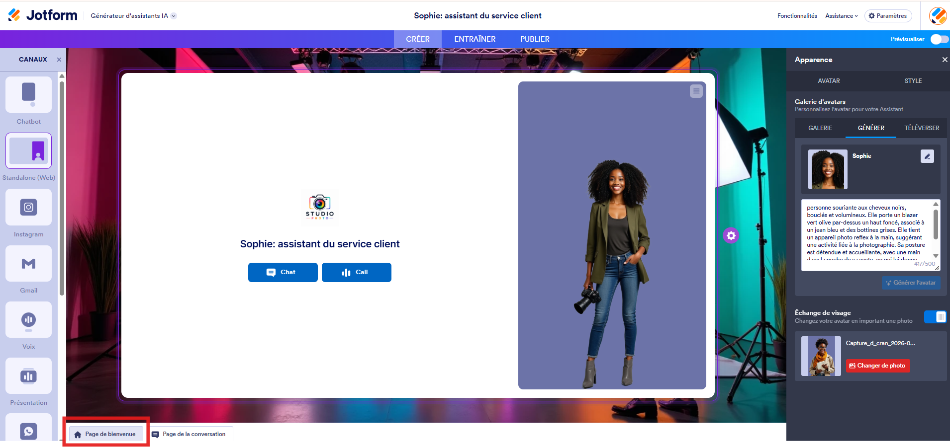 Capture d'écran d'une page de bienvenue inséré dans le Générateur d'assistants IA Jotform avec un encadré autour du bouton en bas à gauche