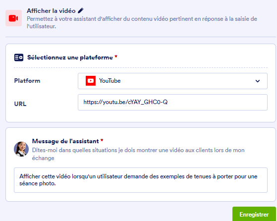 Capture d'écran des paramètres de l'outil Afficher la vidéo dans le Générateur d'assistants IA avec une URL YouTube et une instruction
