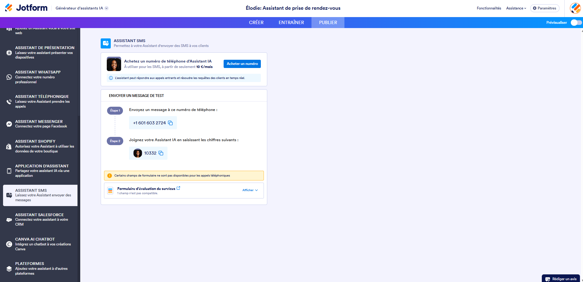 Capture d'écran de la page Assistant SMS dans le générateur d'assistants IA Jotform avec les options de paramétrages