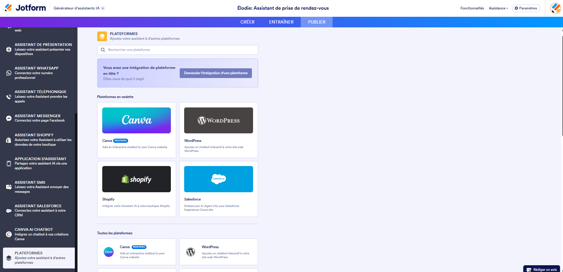 Capture d'écran de la page Plateformes dans le générateur d'assistants IA Jotform avec la liste des plateformes tierces disponibles