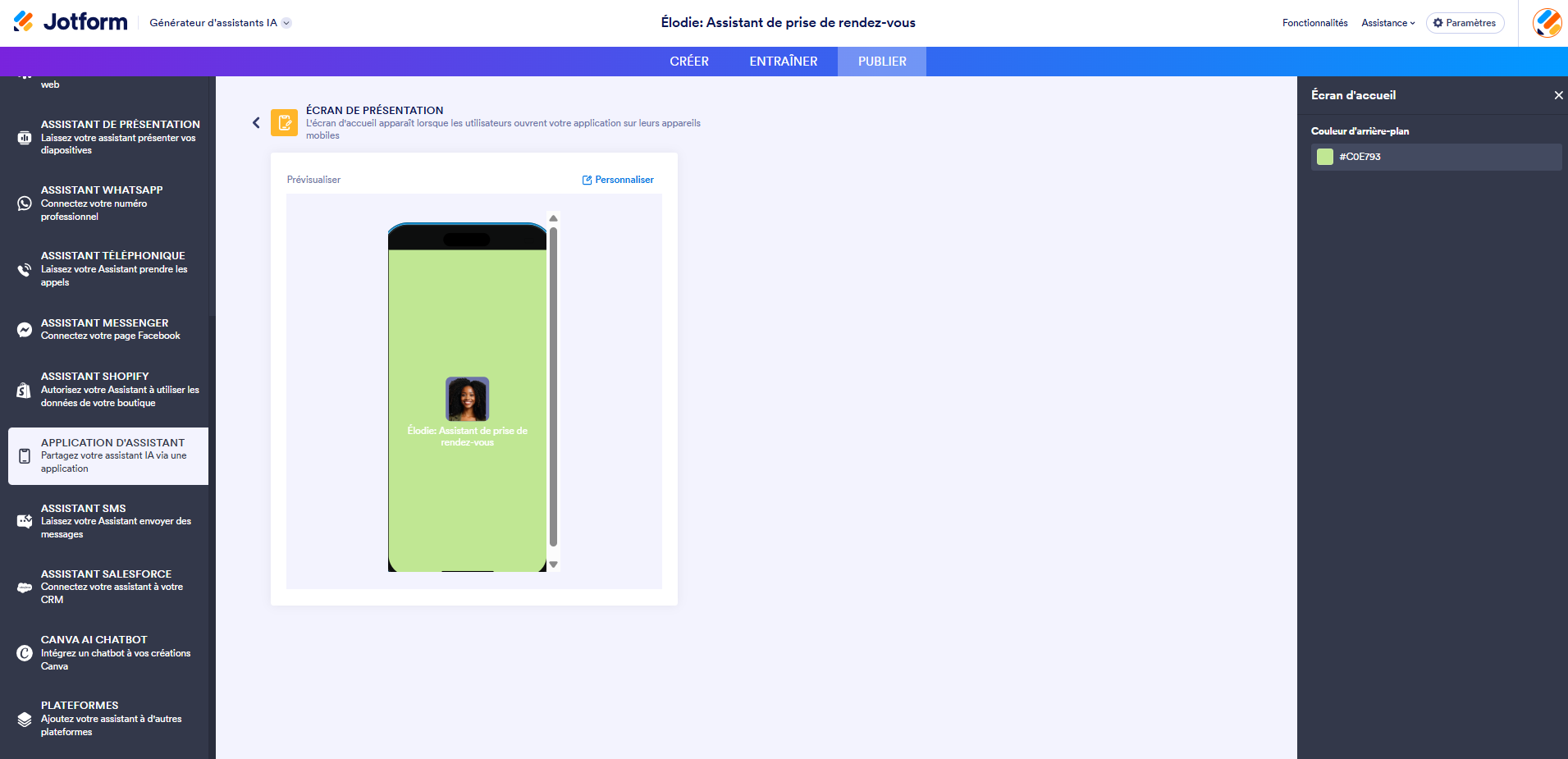 Capture d'écran de la page Écran de présentation dans le générateur d'assistants IA Jotform avec le volet Écran d'accueil ouvert à droite