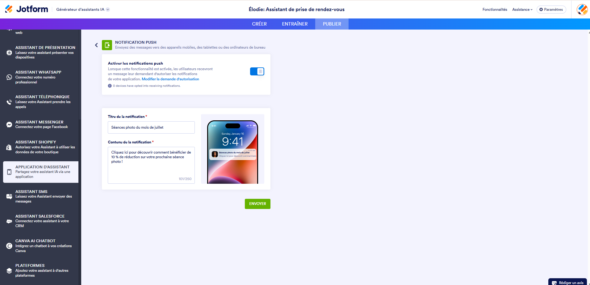 Capture d'écran de la page Notification push dans le générateur d'assistants IA Jotform