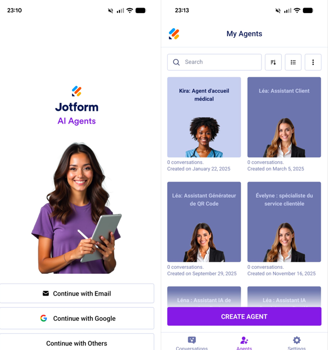 Capture d'écran côte à côte de la page de connexion de l'application Google Store Jotform AI Agent & Chatbot et capture d'écran des assistant IA enregistrés dans l'application